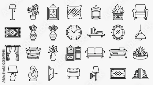 Elegant Minimalist Black and White Line Drawing Icons Set of Home and Living Room Decor Elements