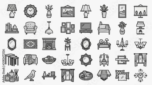Dynamic Black and White Line Drawing Icons Set of Home and Living Room Decor Elements with high quality professional line art symbols for modern creative design and digital branding projects