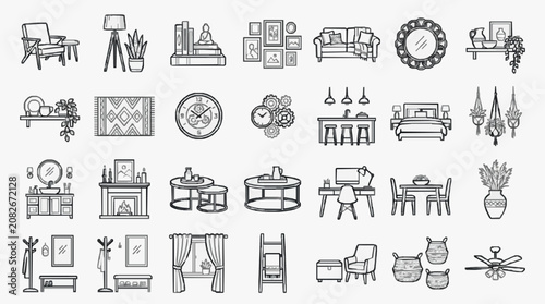 Minimalist Black and White Line Drawing Icons Set of Home and Office Decor Elements Furniture and Accessories