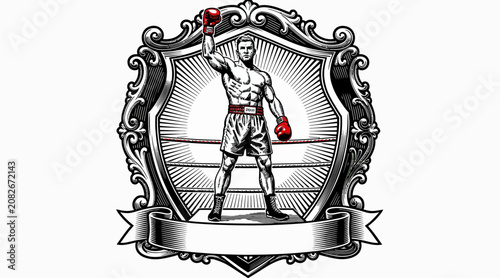 boxer in shield emblem, victorious fighter illustration