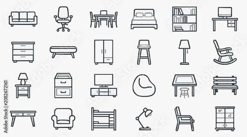 Creative Minimalist Black and White Line Icons Set of Various Furniture and Home Office Items with high quality professional line art symbols for modern creative design and digital branding projects