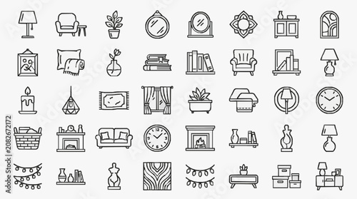 Elegant Minimalist Line Drawing Icons Set of Home and Living Room Decor Elements in Black and White