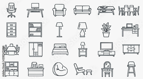 Dynamic Black and White Line Icons Set of Modern Furniture and Home Office Essentials for Design Projects