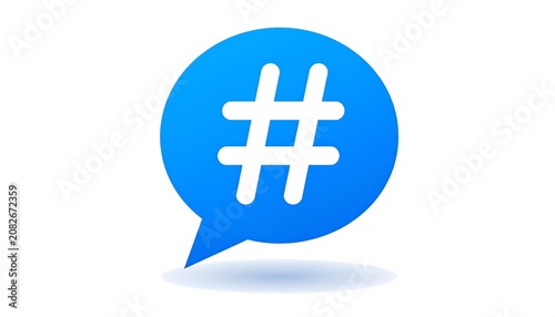 Hashtag symbol inside blue speech bubble communication concept