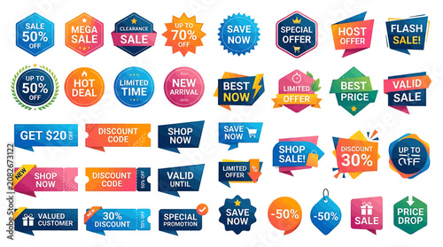 Discount labels and sale stickers on a promotional material display