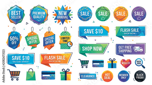 Various sale stickers and labels on a white background for shopping