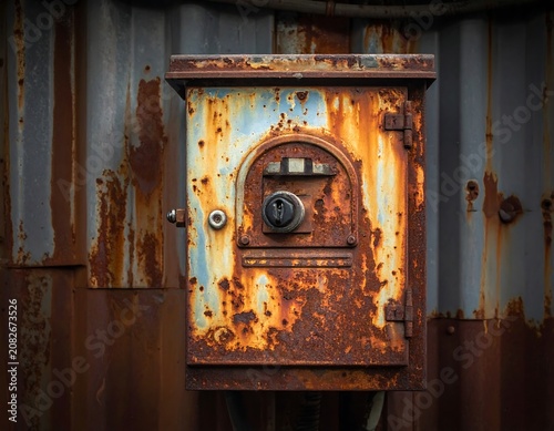 Close-up of heavily rusted metal box against a corrugated metal wall