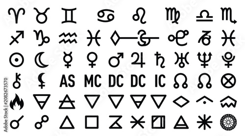 Foto Black astrology icons set featuring twelve zodiac signs, planetary symbols, alchemical elements, lunar nodes, and astrological aspects isolated on a white background for natal charts