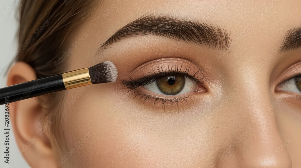 Naklejka premium Soft neutral eye makeup with blending brush creating luminous eyelid glow