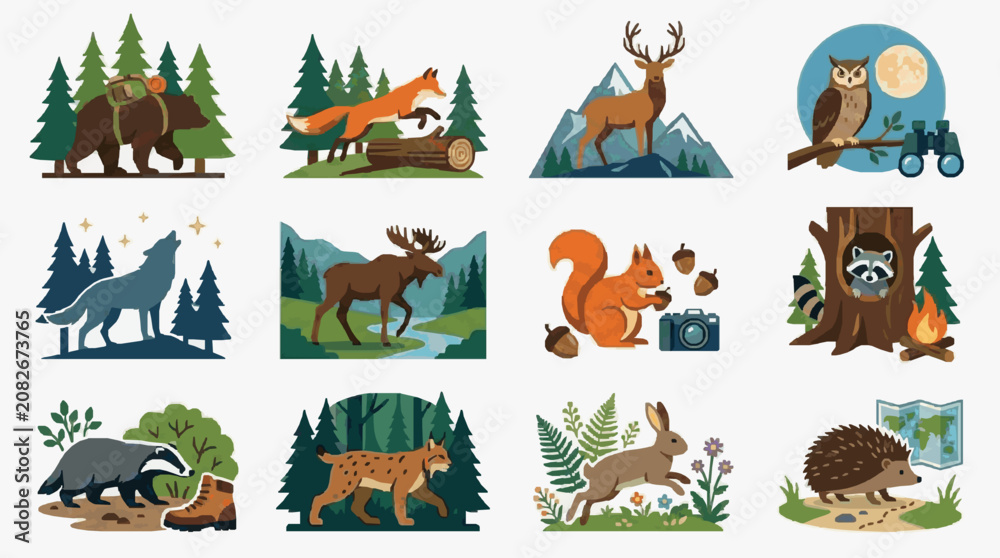 Fototapeta premium Clean Illustrated Set of 12 Whimsical Forest Animals and Nature Themed Icons in Vibrant Colors with high quality professional line art symbols for modern creative design and digital branding projects