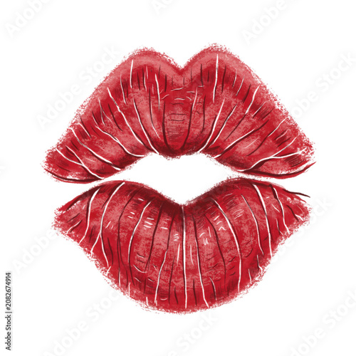A red lipstick kiss mark on a white background showing the textured grainy surface of the pigment and the natural creases of the lips on transparent background