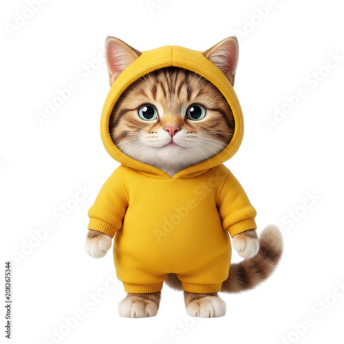 Cute Tabby Cat in Yellow Hoodie Isolated