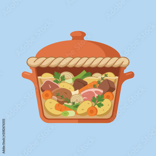 A clay pot filled with fresh vegetables and meat stew