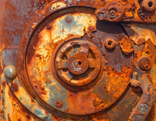Close-up of heavily rusted metal object with circular details, revealing worn textures