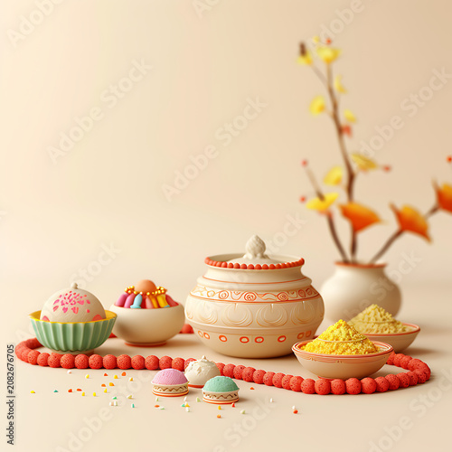 Minimalist 3D claymorphism composition of a traditional Indian Kalash with festive sweets and floral branches for Raksha Bandhan commercial advertising