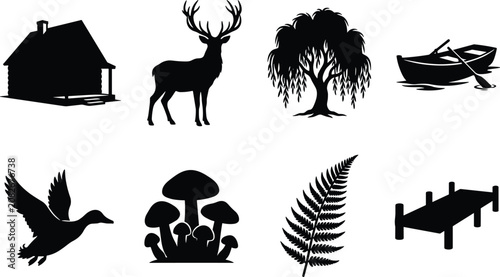 Forest and lake nature vector silhouette icon set featuring wooden cabin deer rowboat duck and pier in image_c1b9be.png