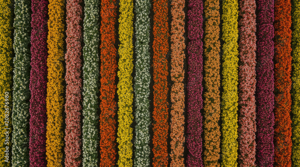 Obraz premium Aerial top view of parallel cultivated flower rows vibrant color bands, serene pattern