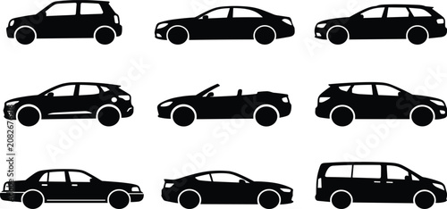 Photos Set of black car silhouettes and different vehicle body types including sedan su