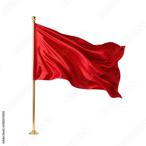 Red Satin Flag Waving on Gold Pole Transparent Background