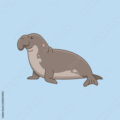A cute cartoon elephant seal rests on a blue background