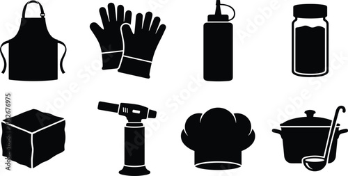 Canvastavla Set of black cooking and barbecue accessories silhouettes including apron gloves