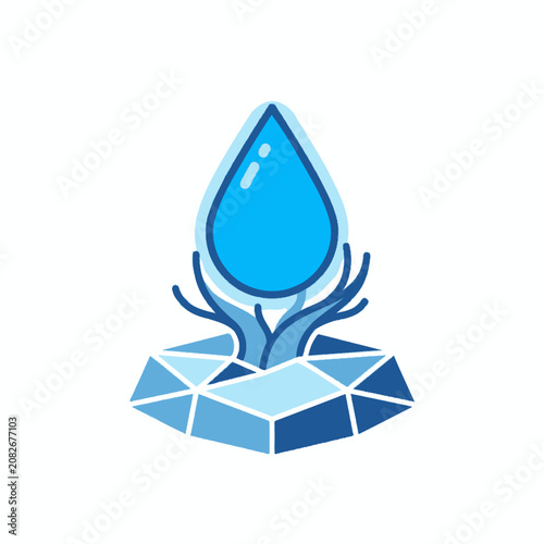 A stylized blue water drop icon resting on a geometric base