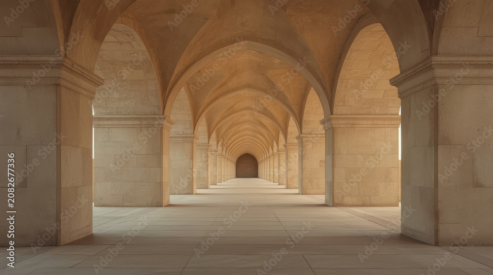 Fototapeta premium Sunlit limestone arched corridor with repeating vaults creating serene rhythm and depth
