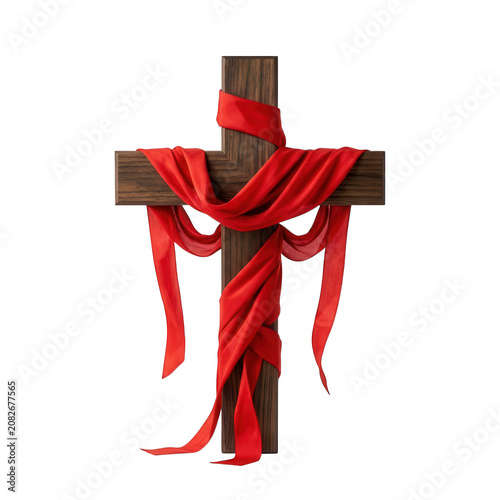Wooden Cross Draped with Red Silk Ribbon Transparent Background