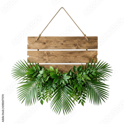 Wooden Sign with Tropical Greenery Decoration Transparent Background