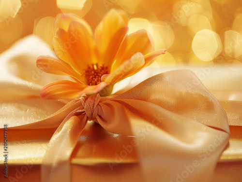 Elegant macro photography of a golden ribbon tied with an orange flower against a glowing bokeh background for luxury gift wrapping and holiday advertising