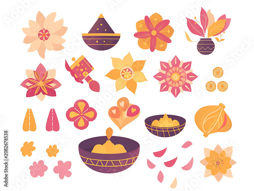 Minimalist vector icon pack featuring Indian cultural motifs flowers and festive sweets offering clean design elements for commercial Diwali and Rakhi banners