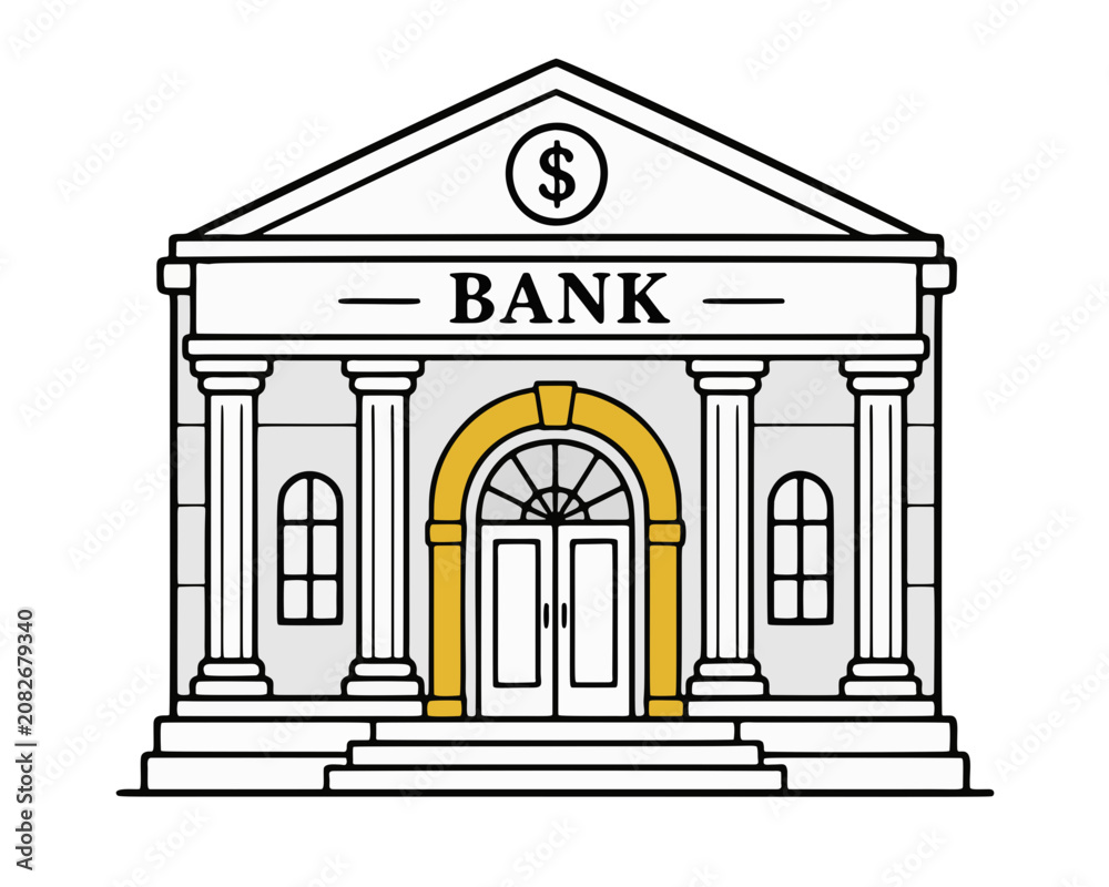 Fototapeta premium doodle illustration of classical bank building facade with arched entrance and columns