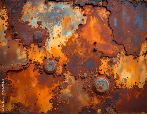 Close-up of heavily rusted metal surface with raised rivets and varied colorations