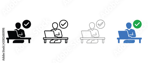 people working on laptops with checkmarks  business productivity and communication icons