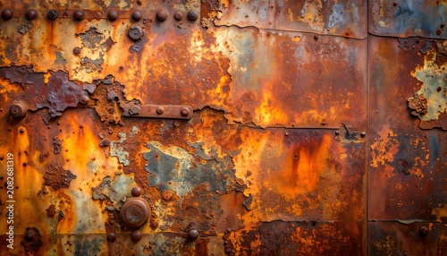 Close-up of heavily rusted metal surface with visible rivets and bolts. The textures show corrosion and aged weathering
