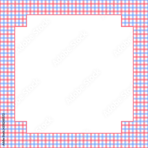 Pastel pink and blue gingham frame border with large white copy space, classic checkered template for invitations, greeting cards, posters, social media, and stationery.