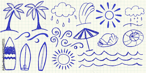 sketchy beach elements on graph paper background palm tree surfboard umbrella shell sun cloud rain wave hand drawn doodle art casual