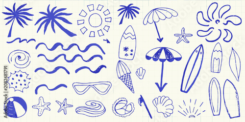 beach elements hand drawn sketch doodle art on grid paper palm tree sun surfboard umbrella shell starfish waves mask vector illustration