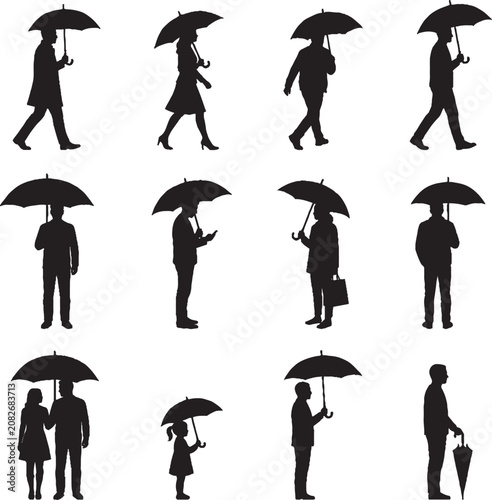 People Walking with Umbrellas in Rain Silhouette Vector Icon Set,Generative Ai