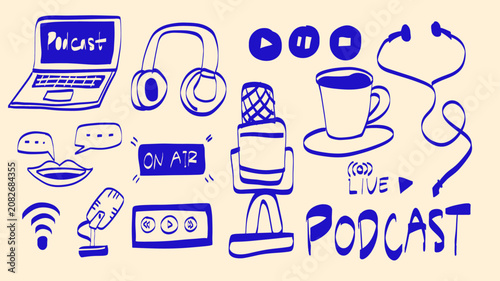 Cute cartoon broadcasting elements featuring laptop, microphone, headphones, coffee cup, on air sign, and media buttons. for audio studio menu, banner, and logo design.