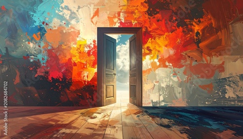 A doorway opens to sky, vibrant brushstrokes explode on walls, shadows across wooden floor