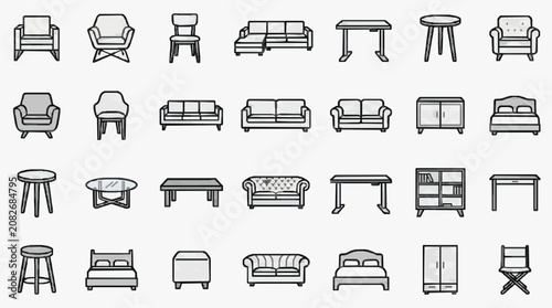 Modern Minimalist Line Drawing Icons of Various Furniture and Home Decor Items in Monochrome with high quality professional line art symbols for modern creative design and digital branding projects