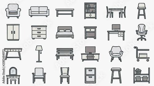 Minimalist Black and White Line Drawing Icons Set of Various Furniture and Home Items with high quality professional line art symbols for modern creative design and digital branding projects