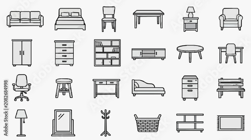 Creative Black and White Line Drawing Set of 25 Modern Minimalist Furniture and Home Decor Icons
