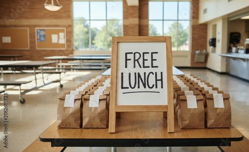 Free Lunch sign displayed on a wooden stand in a school cafeteria with rows of packed meals.