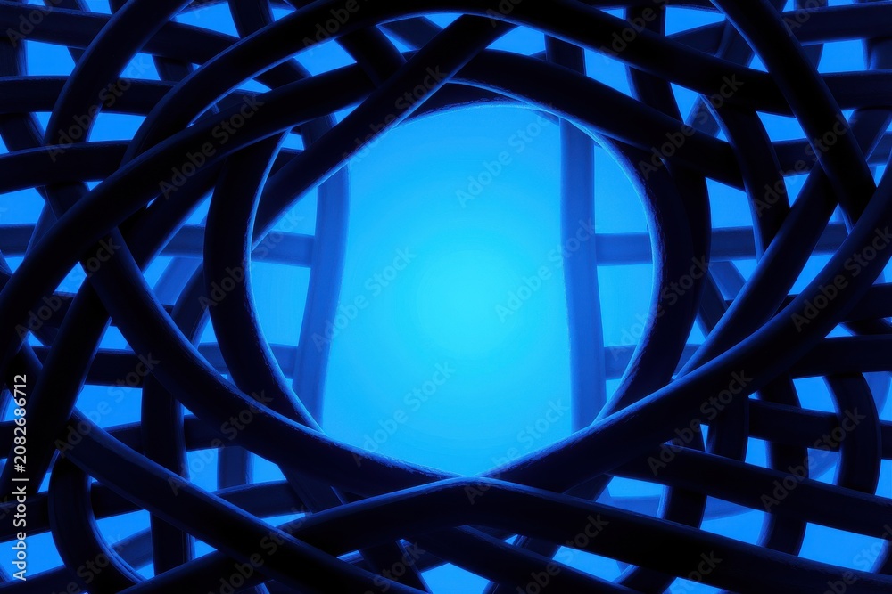 Fototapeta premium Abstract tunnel, bright blue light source. Geometric shapes create depth, futuristic design. Dark background emphasizes luminosity.