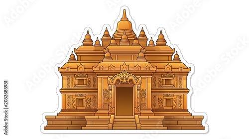 Ancient Temple Illustration: An intricate illustration depicts an ancient golden temple with elaborate carvings and tiered spires, evoking a sense of history and spiritual grandeur.