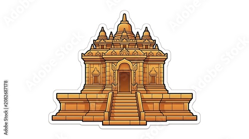 Ancient Temple Illustration: A stylized illustration depicts an ancient, golden temple with intricate architectural details, featuring a grand staircase leading to its entrance.