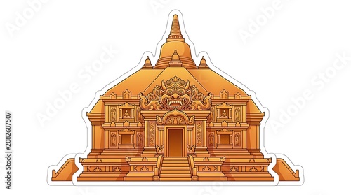 Golden Temple Entrance: An ornate golden temple, possibly a stupa or pagoda, features intricate carvings and a grand staircase leading to the entrance.