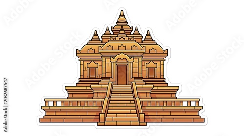 Ancient Temple Facade: A detailed illustration of an ancient temple's ornate facade, featuring intricate carvings and tiered architecture, with a grand staircase leading to the entrance.